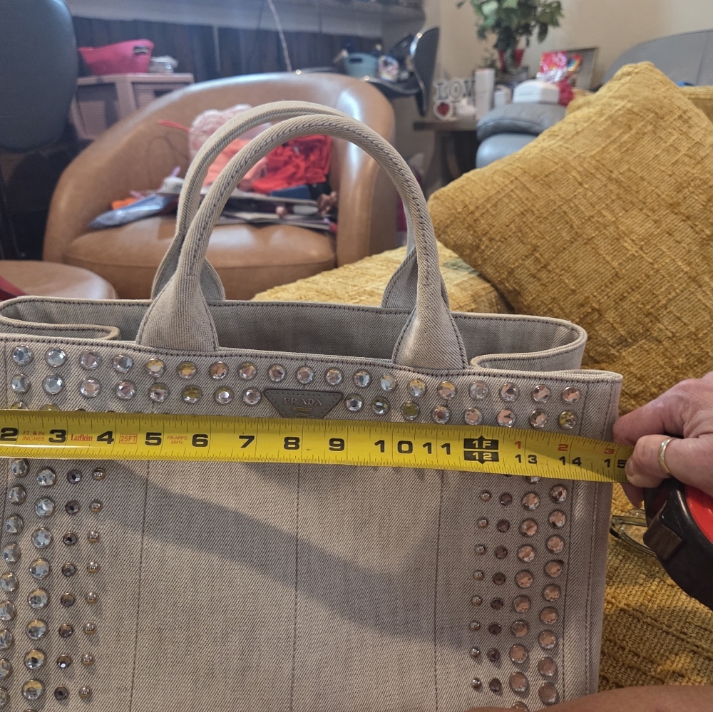 Prada Beige Studded Canapa Tote Women's Bag - Picture 13 of 13